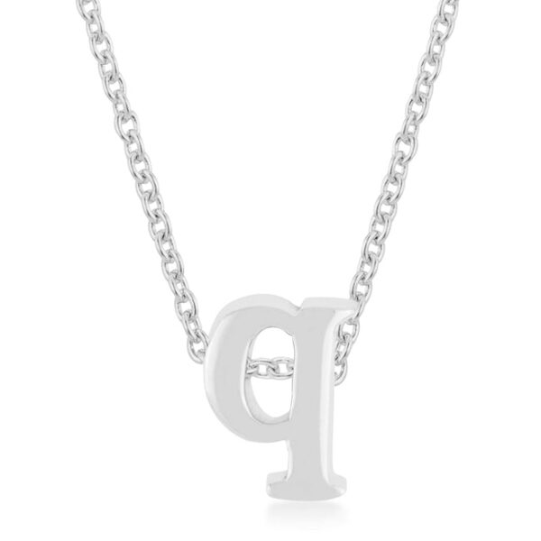 Q initial pendant rhodium plated over lead free alloy (brass) with an 18 Inch + 2 Inch Extender link chain and lobster clasp.