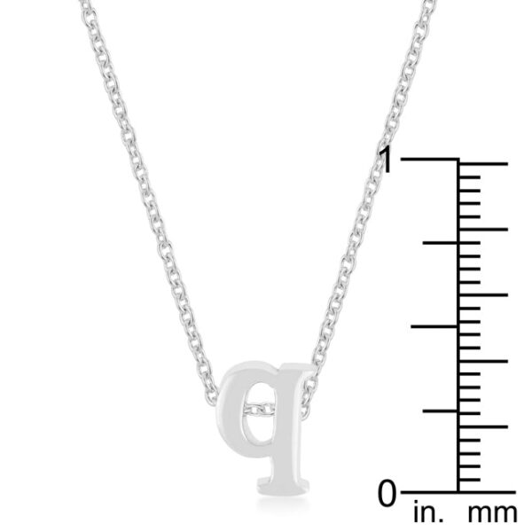 Q letter pendant rhodium plated over lead free alloy (brass), suspended from an 18 Inch + 2 Inch Extender link chain.