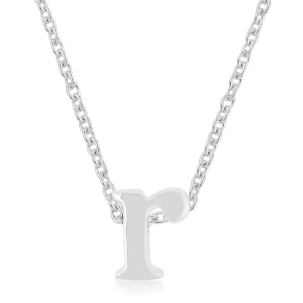 R initial pendant in rhodium plated over lead free alloy (brass) with an 18 Inch + 2 Inch Extender link chain and lobster clasp.
