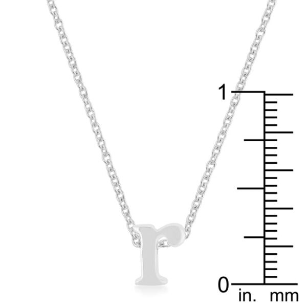 R initial pendant in rhodium plated over lead free alloy (brass) with an 18 Inch + 2 Inch Extender link chain.
