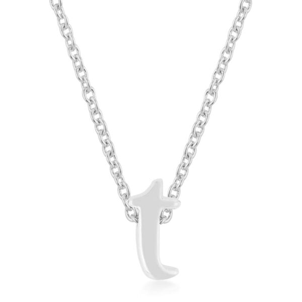 T initial pendant in rhodium plated over lead free alloy (brass) with an 18 Inch + 2 Inch Extender link chain and lobster clasp.