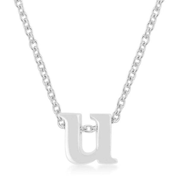 Rhodium plated over lead free alloy (brass) U initial pendant with an 18 Inch + 2 Inch Extender link chain and lobster clasp.