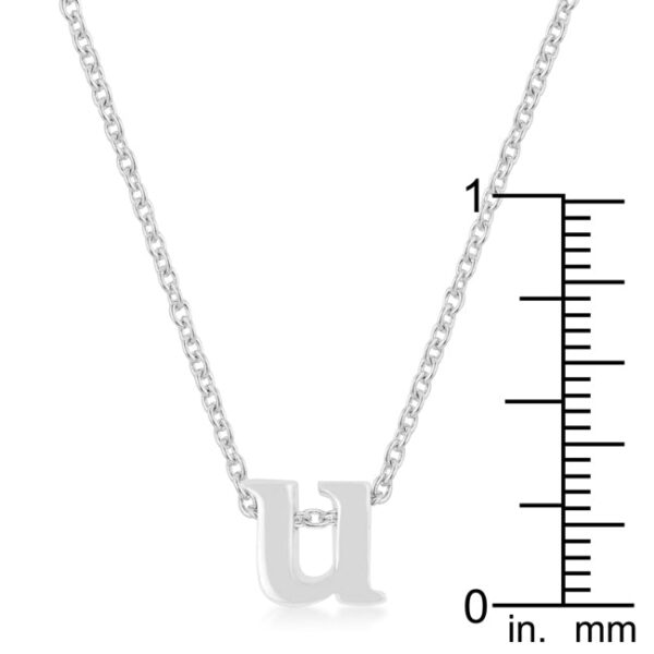 Initial U pendant in rhodium plated over lead free alloy (brass) with a lobster clasp and 18 Inch + 2 Inch Extender link chain.