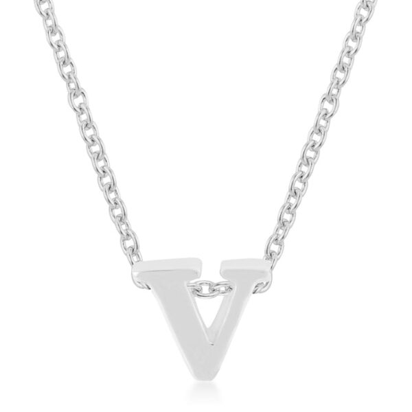 V initial pendant in rhodium plated over lead free alloy (brass) with an 18 Inch + 2 Inch Extender link chain and lobster clasp.