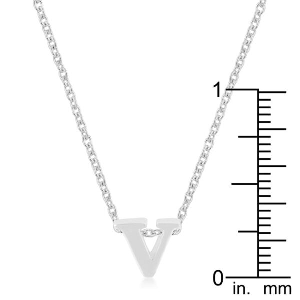 rhodium plated over lead free alloy (brass) V initial pendant with an 18 Inch + 2 Inch Extender link chain.