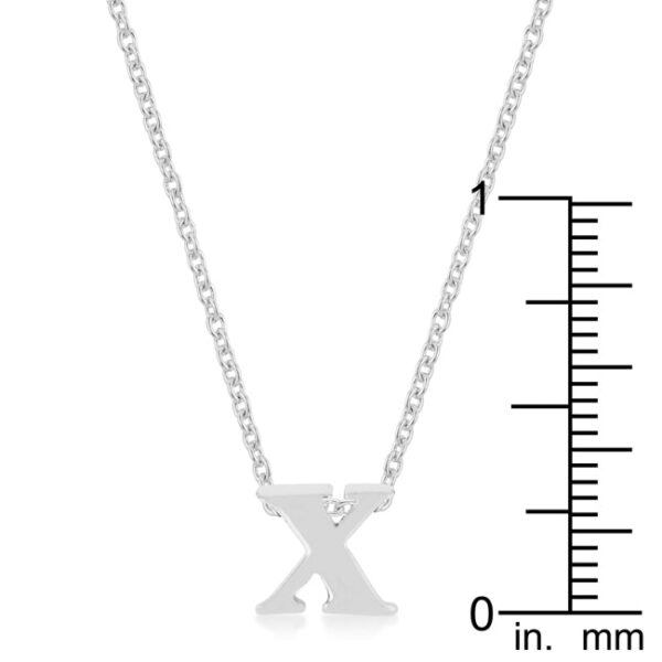 Rhodium plated over lead free alloy (brass) X initial pendant with a lobster clasp and link chain.