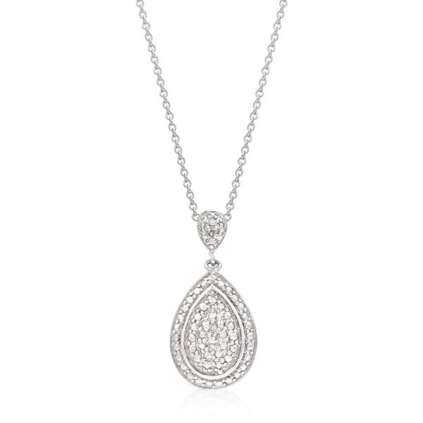 Rhodium plated pendant with round genuine cubic zirconia in prong settings.