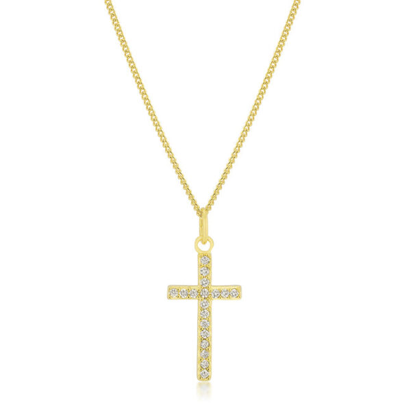 Cross pendant in gold tone over lead free alloy (brass) with clear round cubic zirconia in a pave setting.