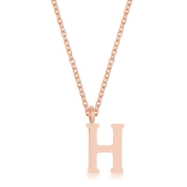 H initial necklace in rose gold tone over stainless steel with a 16 Inch Chain + 2 Inch Extender and lobster clasp.
