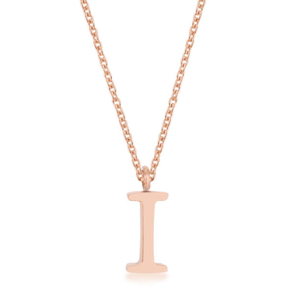 I initial necklace in rose gold tone over stainless steel with a 16 Inch Chain + 2 Inch Extender and lobster clasp.