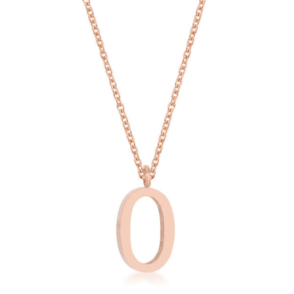 O initial necklace in rose gold tone over stainless steel with a 16 Inch Chain + 2 Inch Extender and lobster clasp.