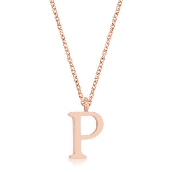 P initial necklace in rose gold tone over stainless steel with a 16 Inch Chain + 2 Inch Extender and lobster clasp.