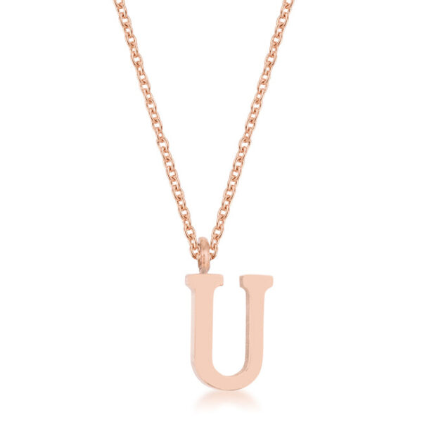 U initial necklace in rose gold tone over stainless steel with a lobster clasp.
