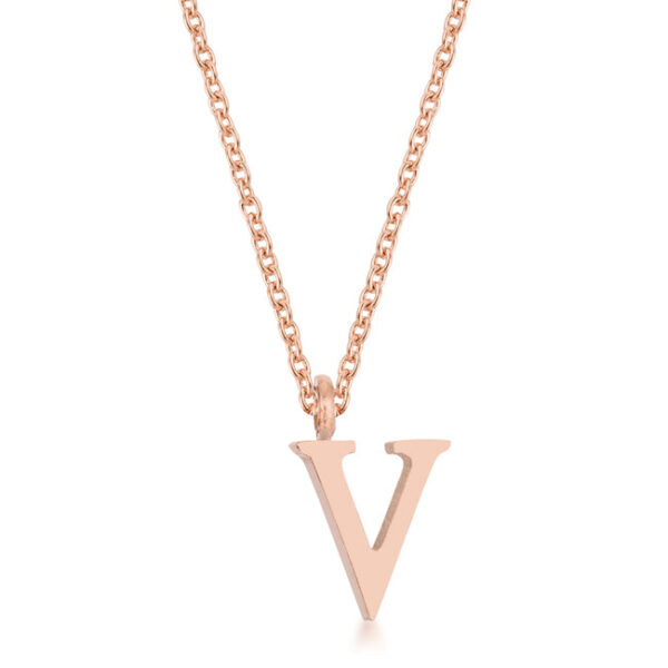 Contemporary V initial necklace in rose gold tone over stainless steel with a lobster clasp and 16 Inch Chain + 2 Inch Extender.