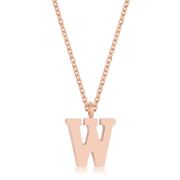 Contemporary W initial necklace in rose gold tone over stainless steel with a lobster clasp.