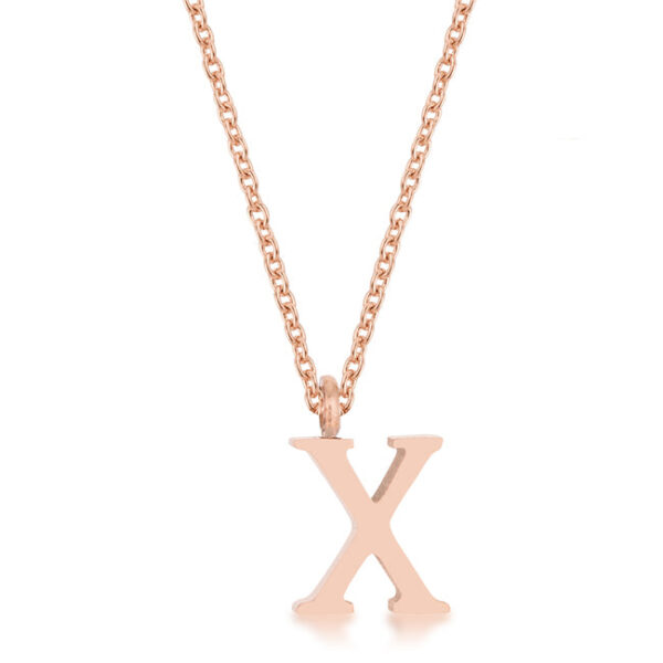 X initial necklace in rose gold tone over stainless steel with a 16 Inch Chain + 2 Inch Extender and lobster clasp.