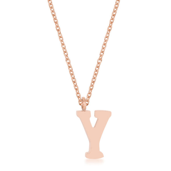 Y initial necklace in rose gold tone over stainless steel with a 16 Inch Chain + 2 Inch Extender and lobster clasp.