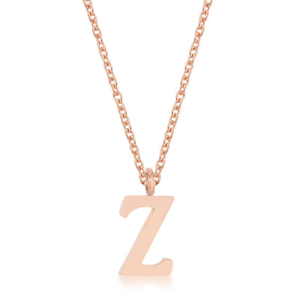 Z initial necklace in rose gold tone over stainless steel with a 16 Inch Chain + 2 Inch Extender and lobster clasp.
