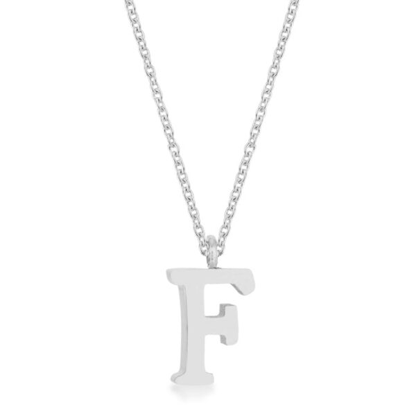 F initial necklace in stainless steel finish plated over stainless steel with a genuine rhodium finish and lobster clasp.