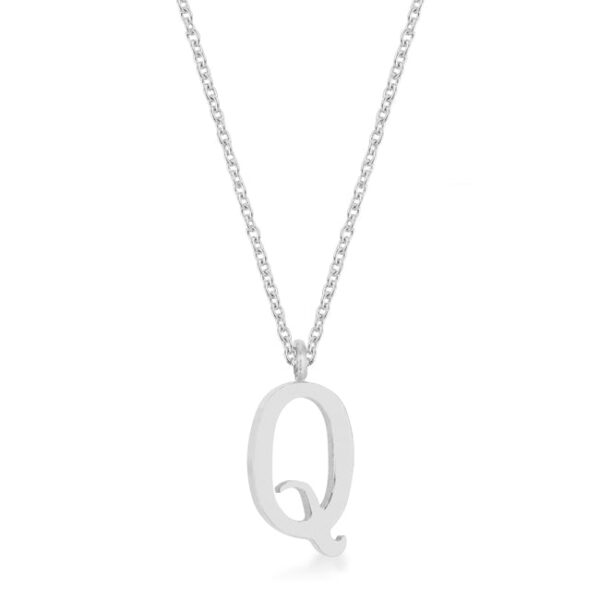 Q initial necklace in stainless steel finish plated over stainless steel with a 16 Inch Chain + 2 Inch Extender.