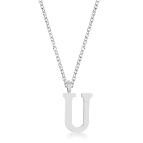 U initial necklace in stainless steel finish plated over stainless steel with a genuine rhodium finish.