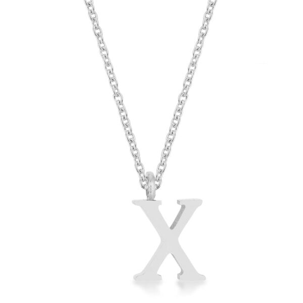 X initial necklace in stainless steel finish plated over stainless steel with a genuine rhodium finish.