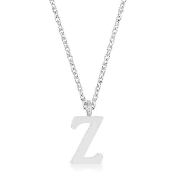 Lower-case Z initial pendant on a chain with lobster clasp, shown in a bright white rhodium finish