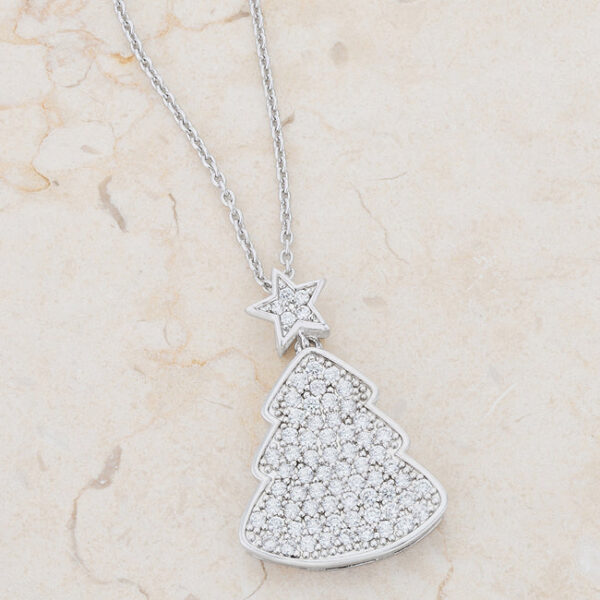 Holiday tree drop necklace in rhodium plated over lead free alloy (brass), set with clear round cubic zirconia in pave.