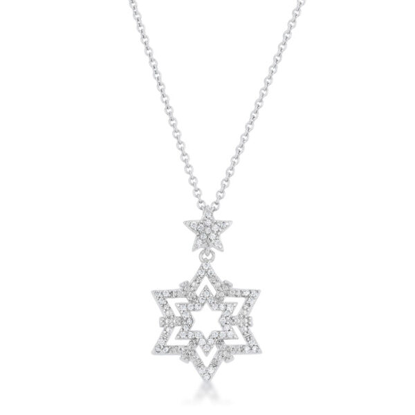 Star drop necklace in rhodium plated over lead free alloy (brass) with round prong-set cubic zirconia.