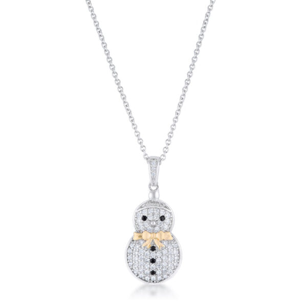 Two-tone snowman pave pendant in silver tone over lead free alloy (brass) with round cubic zirconia.
