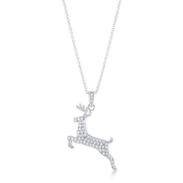 Holiday reindeer pave pendant in rhodium plated over lead free alloy (brass) with round cubic zirconia.
