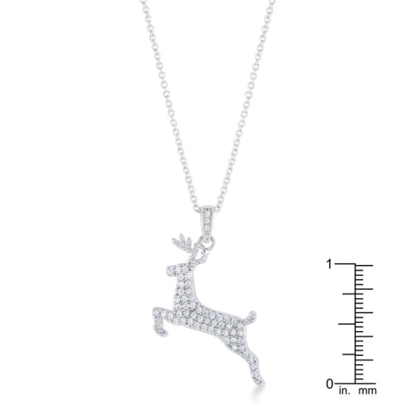 Round cubic zirconia pave reindeer pendant in rhodium plated over lead free alloy (brass).