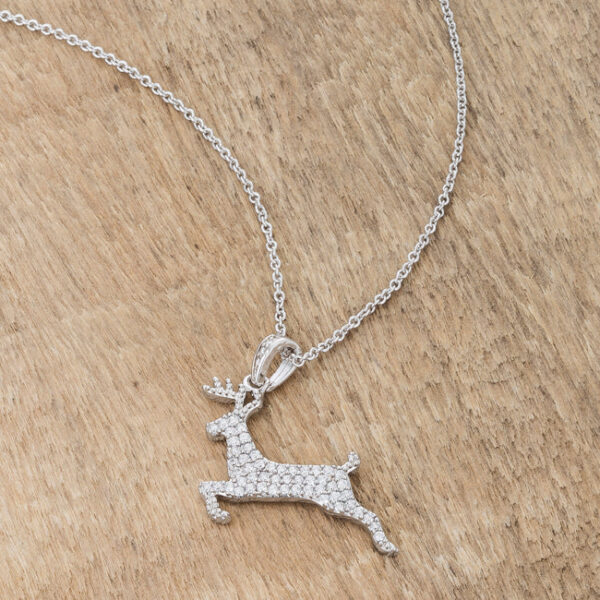 Rhodium plated over lead free alloy (brass) reindeer pendant with round pave cubic zirconia.