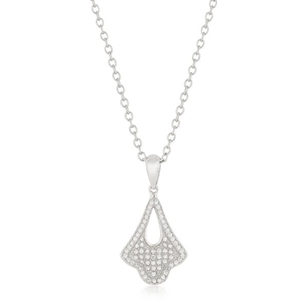 The pendant in rhodium plated over lead free alloy (brass) with round cubic zirconia in a pave setting.