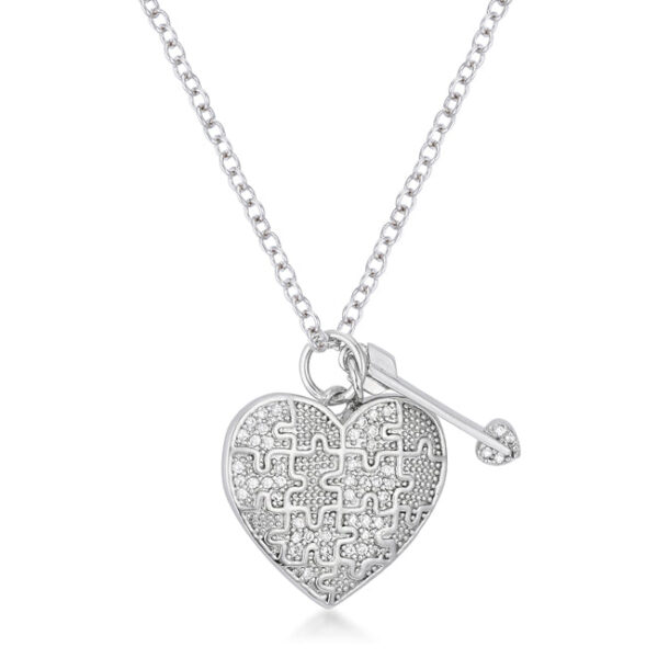 Heart and arrow pendant with round cubic zirconia in rhodium plated over lead free alloy (brass)