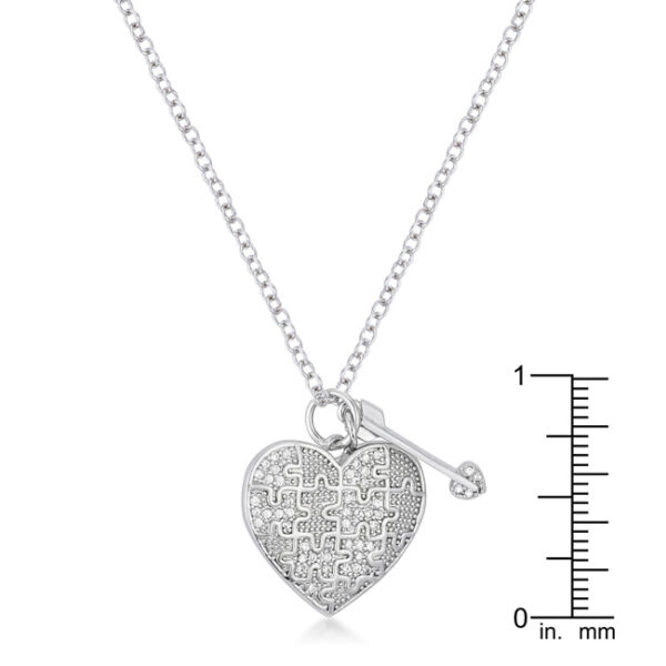 Round cubic zirconia heart and arrow pendant in rhodium plated over lead free alloy (brass)