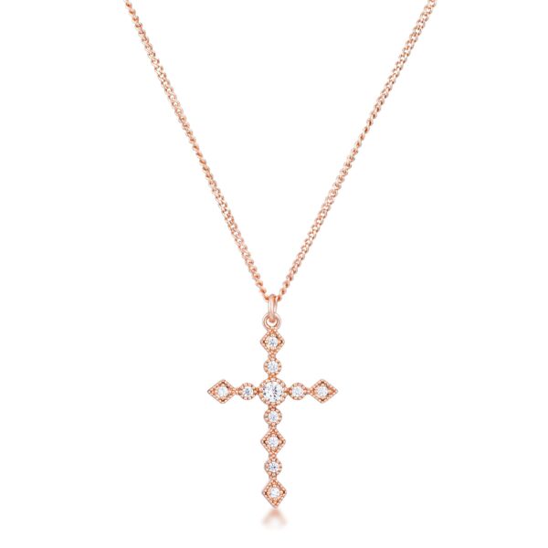 Art Deco cross pendant in rose gold plated over brass with clear cubic zirconia, a 16-inch chain and a 2-inch extender.