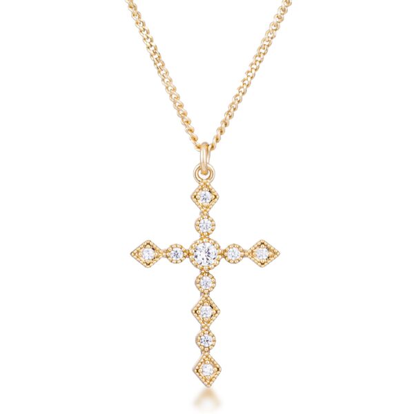 Art Deco cross pendant in silver tone over brass with clear cubic zirconia measuring 1.25 mm.