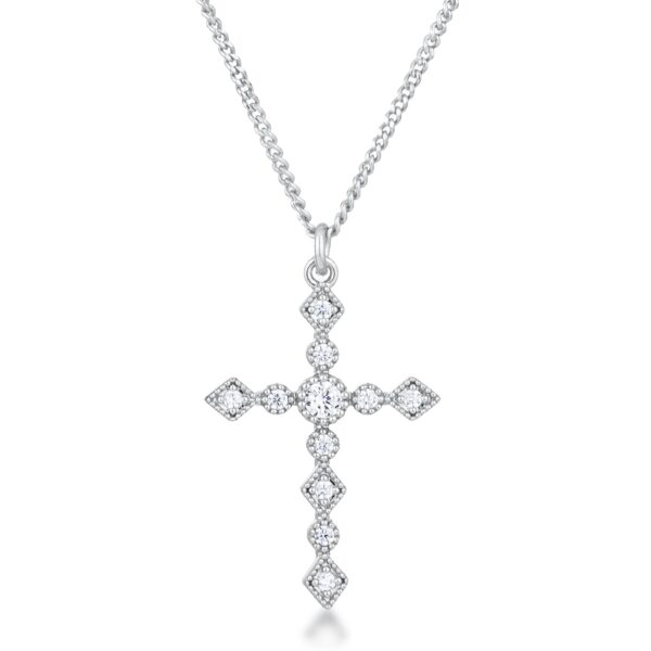 Art Deco cross pendant in silver tone over brass with clear cubic zirconia measuring 3.25 mm.
