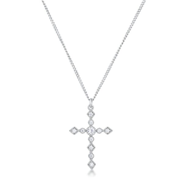 Clear cubic zirconia Art Deco cross pendant with a silver tone over brass finish and 16 + 2 Extender length.