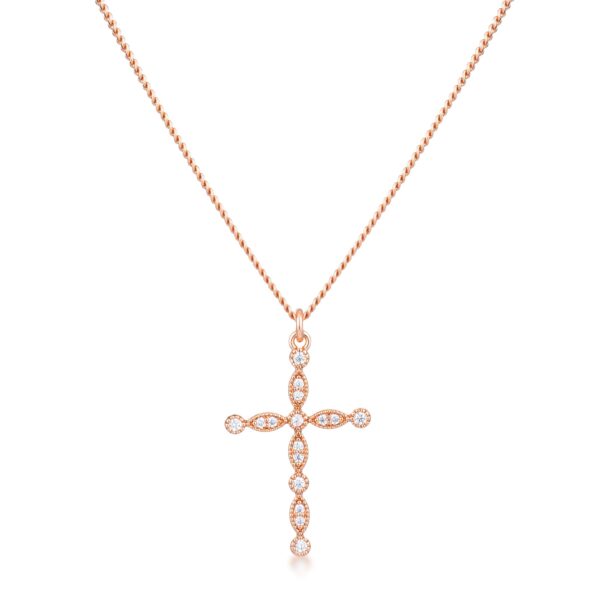 Clear cubic zirconia vintage cross pendant in rose gold plated over brass with 1.25-2 mm stone sizes.