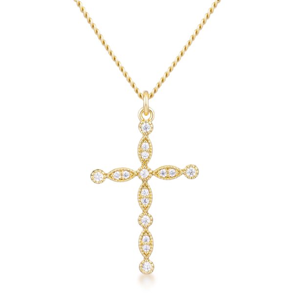 Vintage clear cubic zirconia cross pendant in silver tone over brass with a 16-inch chain and a 2-inch extender.
