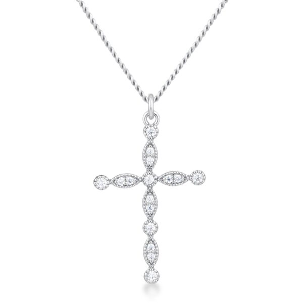 Delicate vintage cross pendant in silver tone over brass with clear cubic zirconia