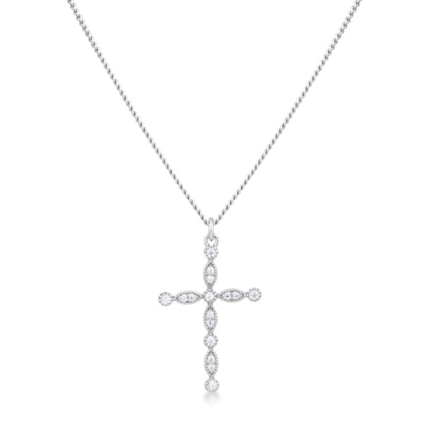 Clear cubic zirconia delicate vintage cross pendant in silver tone over brass