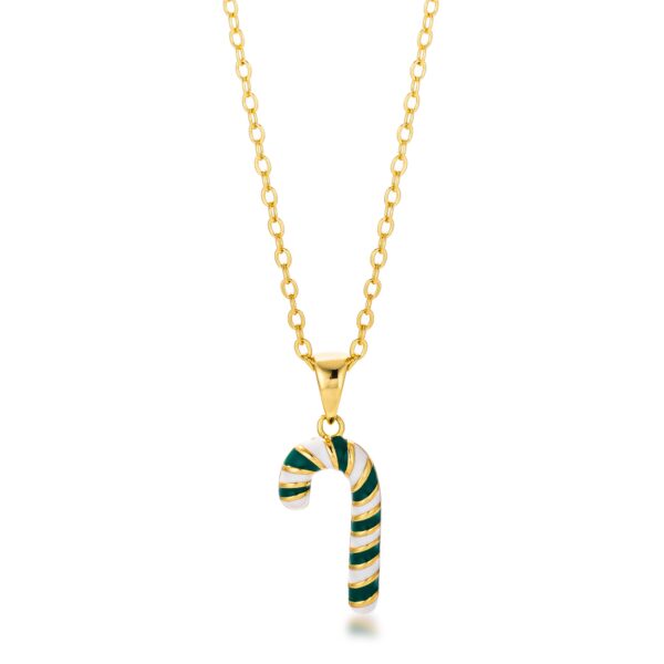 Enamel candy cane necklace in gold tone over lead free alloy (brass) with an 18-inch chain, 2-inch extender and lobster clasp.