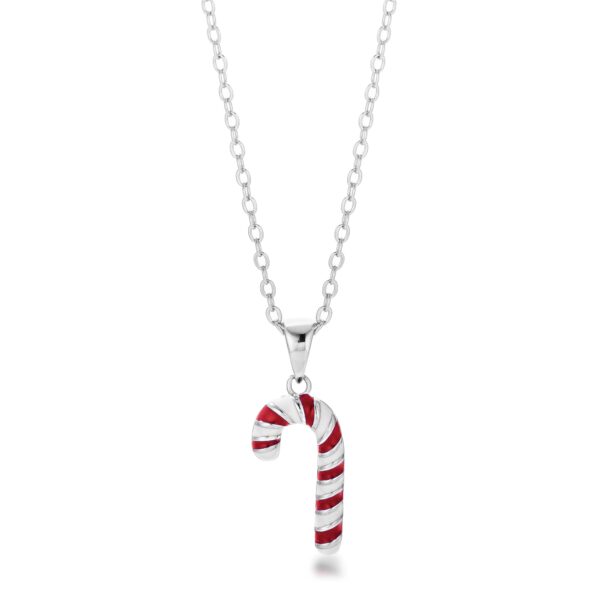 Enamel candy cane necklace with cubic zirconia, a silver tone finish, an 18-inch chain and a 2-inch extender.