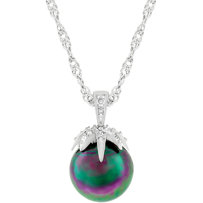 The pendant with crushed shell pearl and cubic zirconia, rhodium plated over lead free alloy (brass).