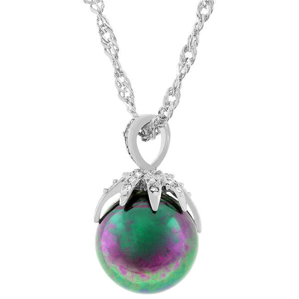 The pendant on a 16 Inch + 3 Inch Extender twisting chain, rhodium plated over lead free alloy (brass).