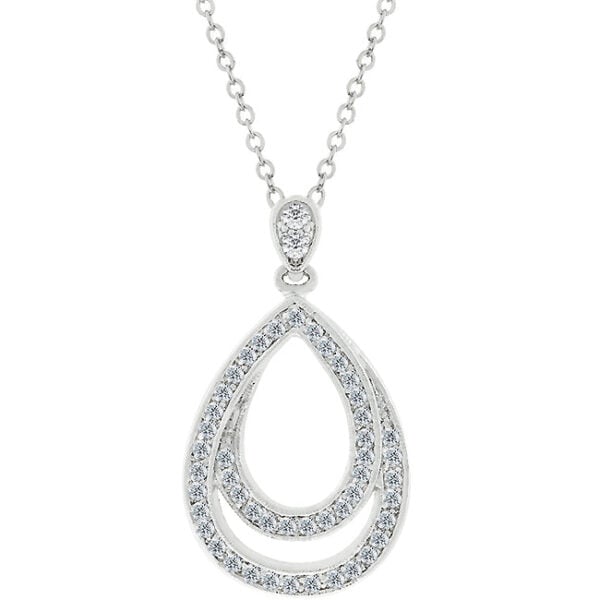 Teardrop pendant with round cubic zirconia in a channel setting and rhodium plated over lead free alloy (brass).