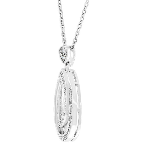 Contemporary teardrop pendant with 1.45 ct total carat weight of round cubic zirconia and rhodium plated over lead free alloy (brass).